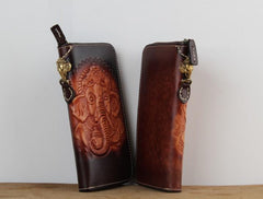 Handmade Leather Ganesha Tooled Biker Chain Mens Long Wallet Cool Leather Wallet Clutch Wallet for Men