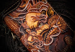 Handmade Leather Tooled Long Chinese Dragon Mens Chain Biker Wallet Cool Leather Wallet With Chain Wallets for Men