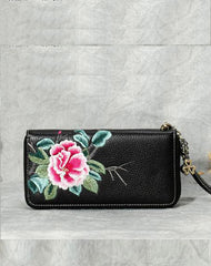Handmade Embroidery Gray Leather Peony Wristlet Wallet Womens Zip Around Wallets Flowers Peony Ladies Zipper Clutch Wallet for Women