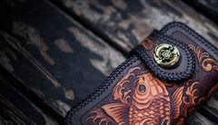 Handmade Leather Tooled Long Carp Mens Chain Biker Wallets Cool Leather Wallet With Chain Wallets for Men