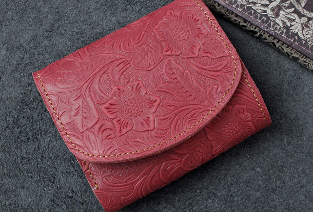 Handmade billfold trifold leather wallet flowral leather billfold wallet for men women - EverHandmade