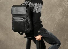 Genuine Leather Mens Cool Backpack Large Black Travel Backpack Hiking Backpack for men