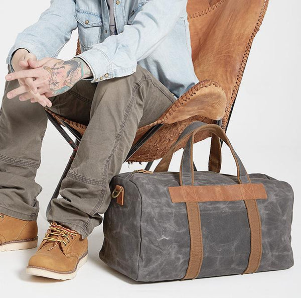 Gray Canvas Mens Travel Bag Weekender Bag - Back View