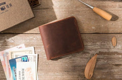 Brown Cool Leather Mens Small Wallet Bifold Vintage Slim billfold Wallet for Men