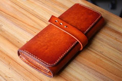 Handmade Leather Mens Long Trifold Wallet Vintage Cool Long Wallet for Men