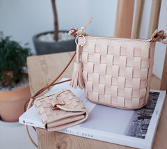 Cute Leather Beige Braided Womens Small Crossbody Purse Mini Shoulder Bag for Women
