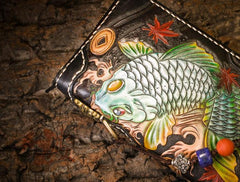 Handmade Leather Carp Mens Chain Biker Wallet Cool Leather Long Wallet for Men