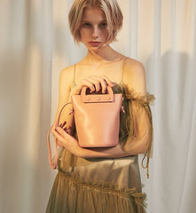 Cute Leather Pink Womens Mini Bucket Purse Handbag Barrel Shoulder Bag for Women
