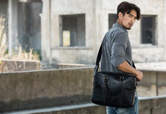 Cool Black Leather Mens Briefcase Work Bag Laptop Bag Business Bag for Men