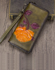 Vintage Rose Flower Purple Leather Wristlet Wallet Womens Rose Zip Around Wallets Flower Ladies Zipper Clutch Wallet for Women
