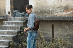 Coffee Leather Mens Sling Bag Sling Shoulder Bag Sling Chest Bag for men