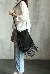 Handmade WOMENs LEATHER Tassels Shoulder Bag Vintage Crossbody Purse With tassels