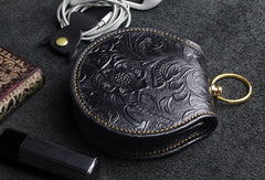 Handmade makeup leather round change coin wallet flowral leather billfold wallet for men women