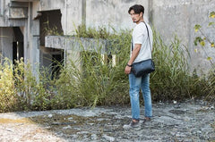 Cool Small Leather Black Mens Messenger Bags Shoulder Bags  for Men