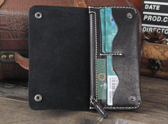 Handmade Genuine Leather Mens Cool Long Leather Wallet Bifold Clutch Wallet for Men