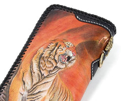 Handmade Leather Tooled Chinese Dragon Tiger Mens Chain Biker Wallet Cool Leather Wallet Long Clutch Wallets for Men