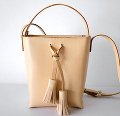 Handmade Leather Beige Womens Handbag Bucket Purse Barrel Shoulder Bags for Women