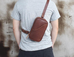 Genuine Black Leather Mens Cool Sling Pack Chest Bag Sling Bag Crossbody Pack for men