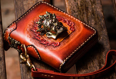 Handmade leather God Mahakala billfold biker wallet clutch zip wallet brown tooled