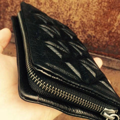 Genuine Leather Mens Cool Long Leather Wallet Zipper Clutch Wristlet Wallet for Men