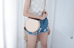 Cute Leather Beige Womens Small Round Saddle Crossbody Purse Shoulder Bag for Women