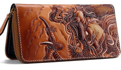 Handmade Leather Tooled Chinese Dragon Tiger Mens Chain Biker Wallet Cool Leather Wallet Zipper Long Phone Wallets for Men