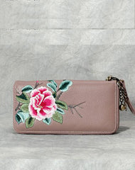 Handmade Embroidery Black Leather Peony Wristlet Wallet Womens Zip Around Wallets Flowers Peony Ladies Zipper Clutch Wallet for Women