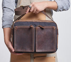 Mens Leather Canvas Gray Cool Messenger Bag Side Bag Shoulder Bag for Men