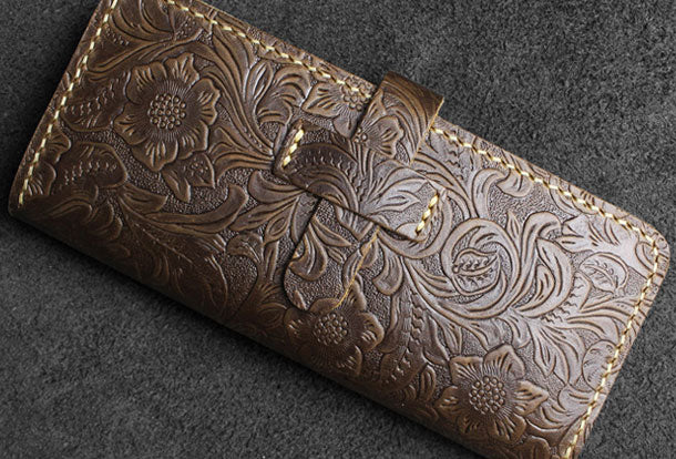 Handmade long leather wallet floral leather clutch wallet for women men zip - EverHandmade
