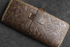 Handmade long leather wallet floral leather clutch wallet for women men zip - EverHandmade