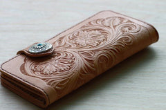 Handmade Mens Tooled Floral Beige Leather Long Biker Wallet Cool Long Chain Wallet for Men