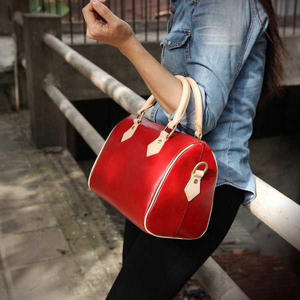 Fashion Womens Tan Leather Small Boston Handbag Best Tan Leather Boston Purse Si YS6398018