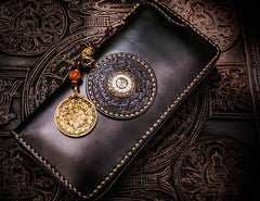 Handmade Leather Mens Tibetan Chain Biker Wallet Cool Leather Wallets Long Clutch Wallets for Men