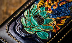 Handmade Leather Tooled Carp Mens Chain Biker Wallet Cool Leather Wallets Long Wallets for Men