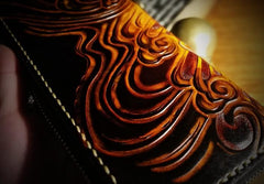 Handmade Leather Mens Tooled Buddha&Demon Chain Biker Wallet Cool Leather Wallet Long Clutch Wallets for Men