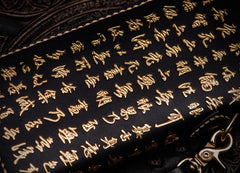 Handmade Leather Mens Chinese Handwriting Biker Chain Wallet Cool Leather Wallets Long Wallets for Men