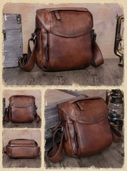 Blue Mens Leather Vintage Vertical Small Messenger Bags Small Side Bag Brown Courier Bag for Men