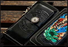 Handmade Leather Tooled Carp Mens Chain Biker Wallet Cool Leather Wallet Long Phone Wallets for Men