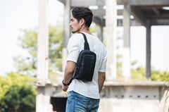 Leather Mens Black Shoulder Sling Backpack Sling Bag Sling Backpack for men