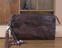 Handmade Genuine Leather Mens Cool Long Leather Wallet Zipper Clutch Wristlet Wallet for Men