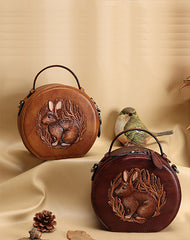 Cutest Womens Coffee Leather Round Handbag Bunny - Card Slots Detail