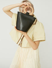 Cute Leather Black Womens Mini Bucket Purse Handbag Barrel Shoulder Bag for Women