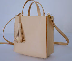 Handmade Leather Small Beige Womens Tote Shoulder Bag Handbag Purse Tassels for Women