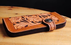 Handmade Tooled Floral Mens Leather Long Biker Wallet Cool Long Chain Wallet for Men