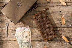 Cool Leather Mens Braided Long Zipper Clutch Wallet Long Wallet for Men
