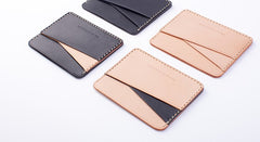 Handmade Beige Black Leather Women Men Small Card Holder Card Wallet for Men Women