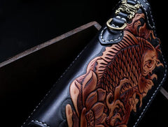 Handmade Leather Tooled Carp Mens Chain Biker Wallet Cool Leather Wallet Zipper Long Phone Wallets for Men