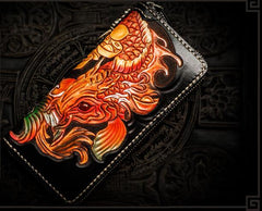 Handmade Leather Tooled Carp Mens Biker Chain Wallets Cool Leather Wallet Long Chain Wallets for Men