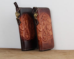 Handmade Leather Ganesha Tooled Biker Chain Mens Long Wallet Cool Leather Wallet Clutch Wallet for Men