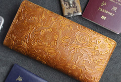 Handmade long leather wallet floral passport leather clutch wallet for women men zip - EverHandmade